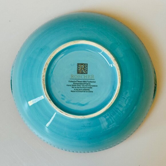 ROSCHER  COLLECTION “Beach BBQ” Earthware Blue Serving Bowl with Handles - Picture 4 of 7